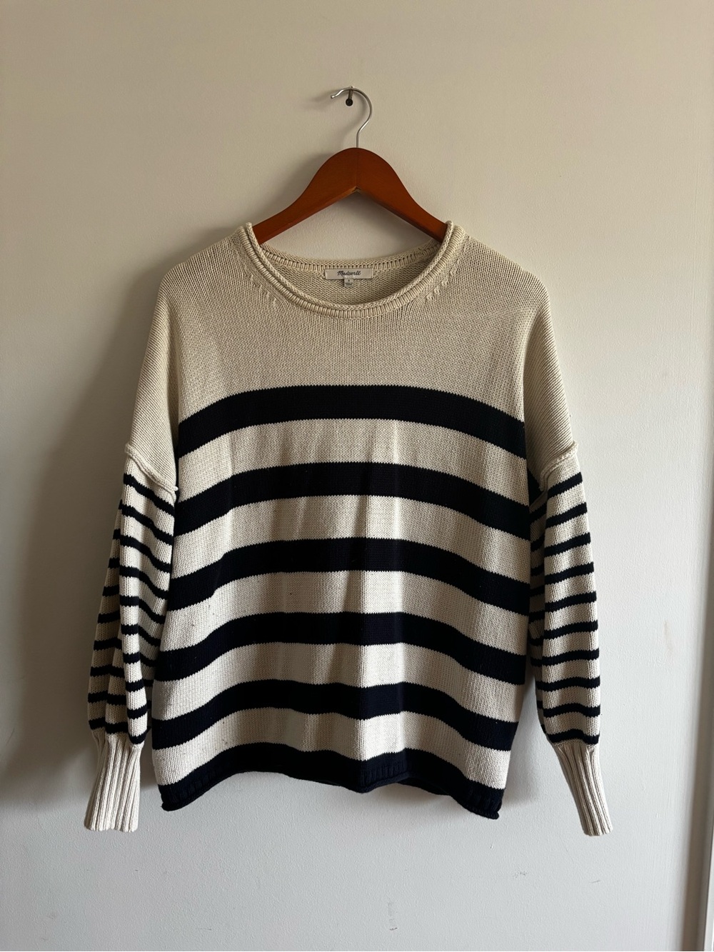 Madewell Cream and Black Striped Crewneck Sweater
